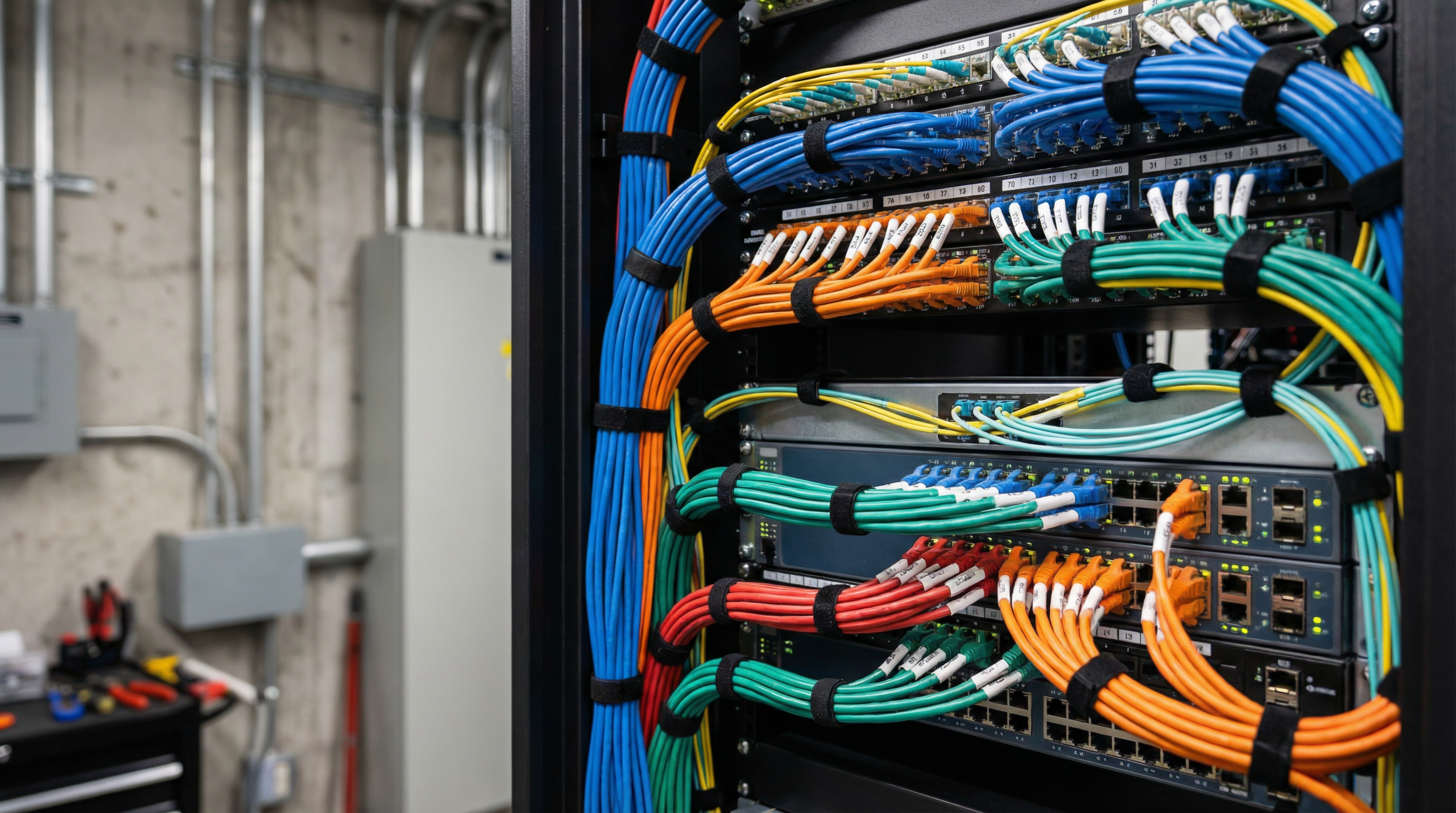 Rack profissional com cabeamento estruturado Cat6A, switches gerenciados e patch panels organizados