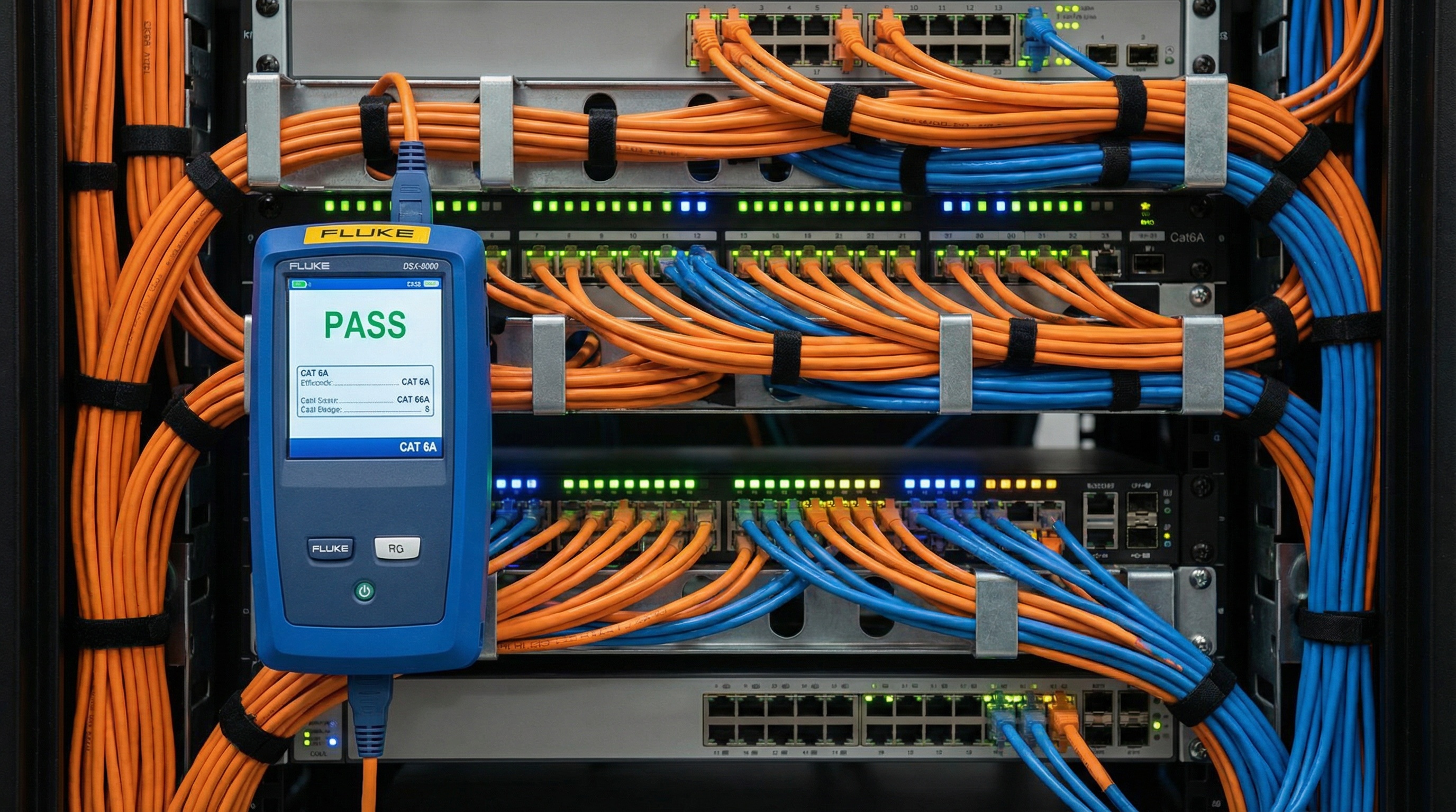 Rack de servidores com cabeamento estruturado perfeitamente organizado e certificado com equipamento Fluke.