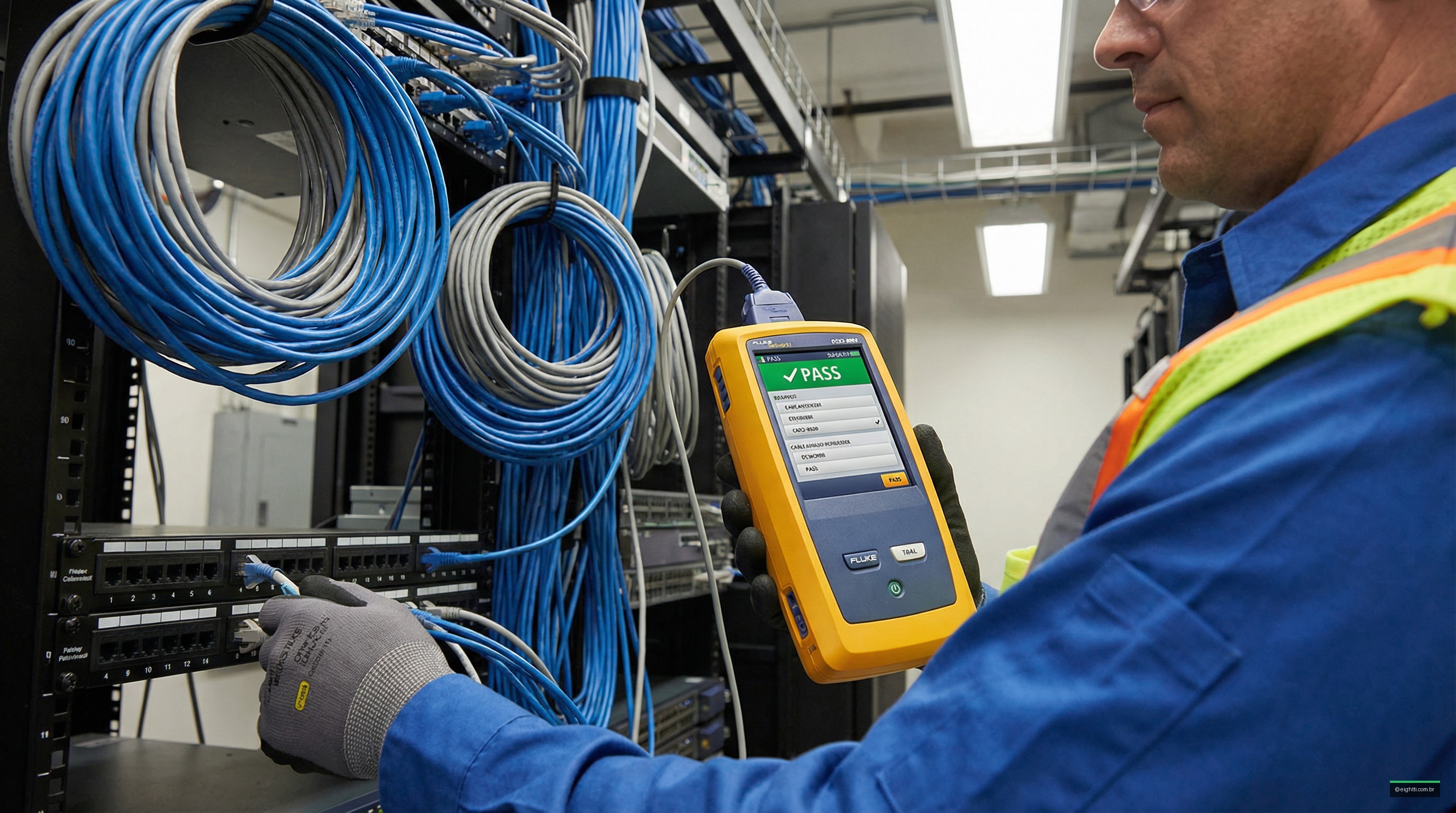 Técnico certificando um ponto de rede com Fluke Networks, seguindo a NBR 14565