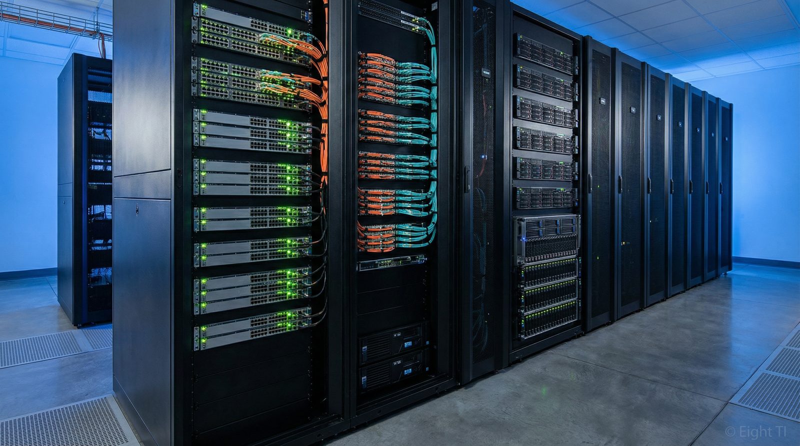 Componentes de hardware de infraestrutura de TI - Servidores, switches e storage em datacenter moderno - Eight TI