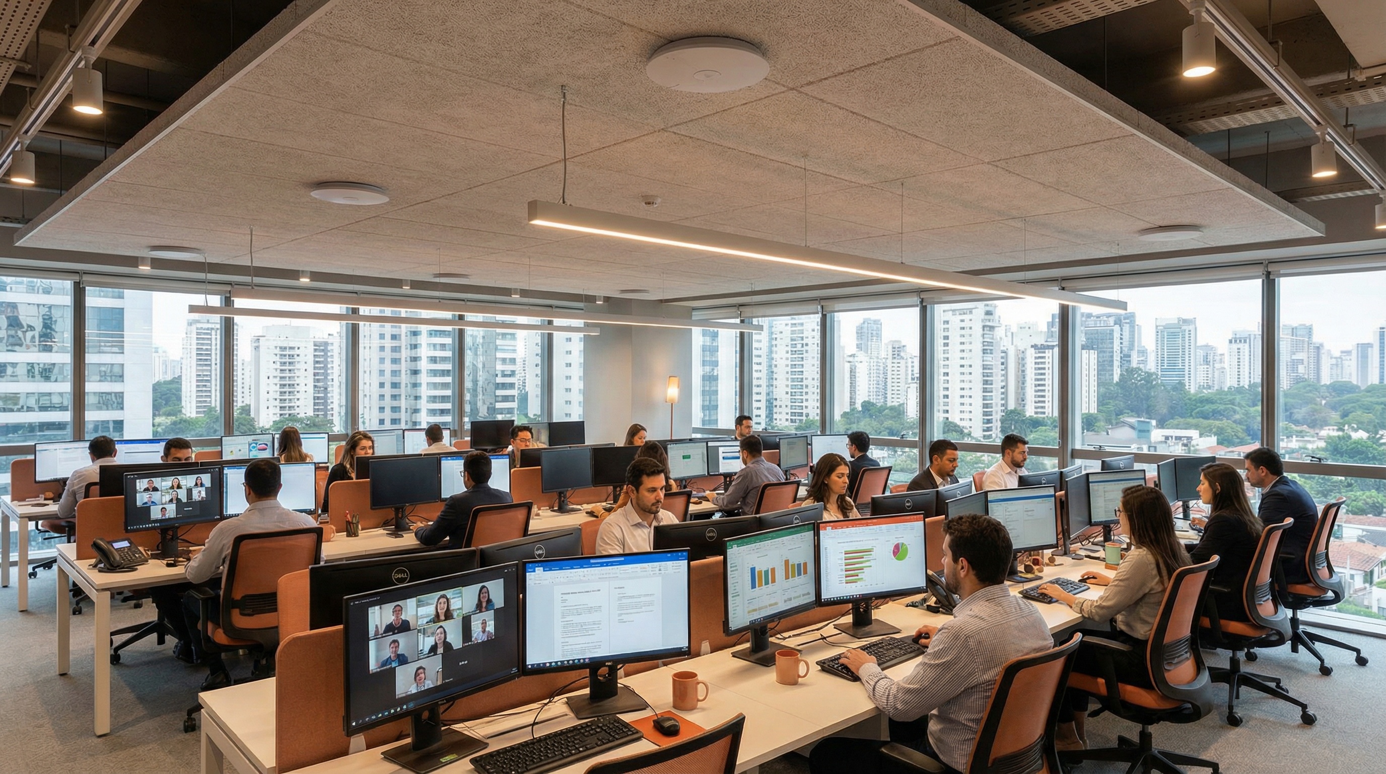 Escritório moderno na Grande São Paulo com conectividade contínua garantida pela Eight TI