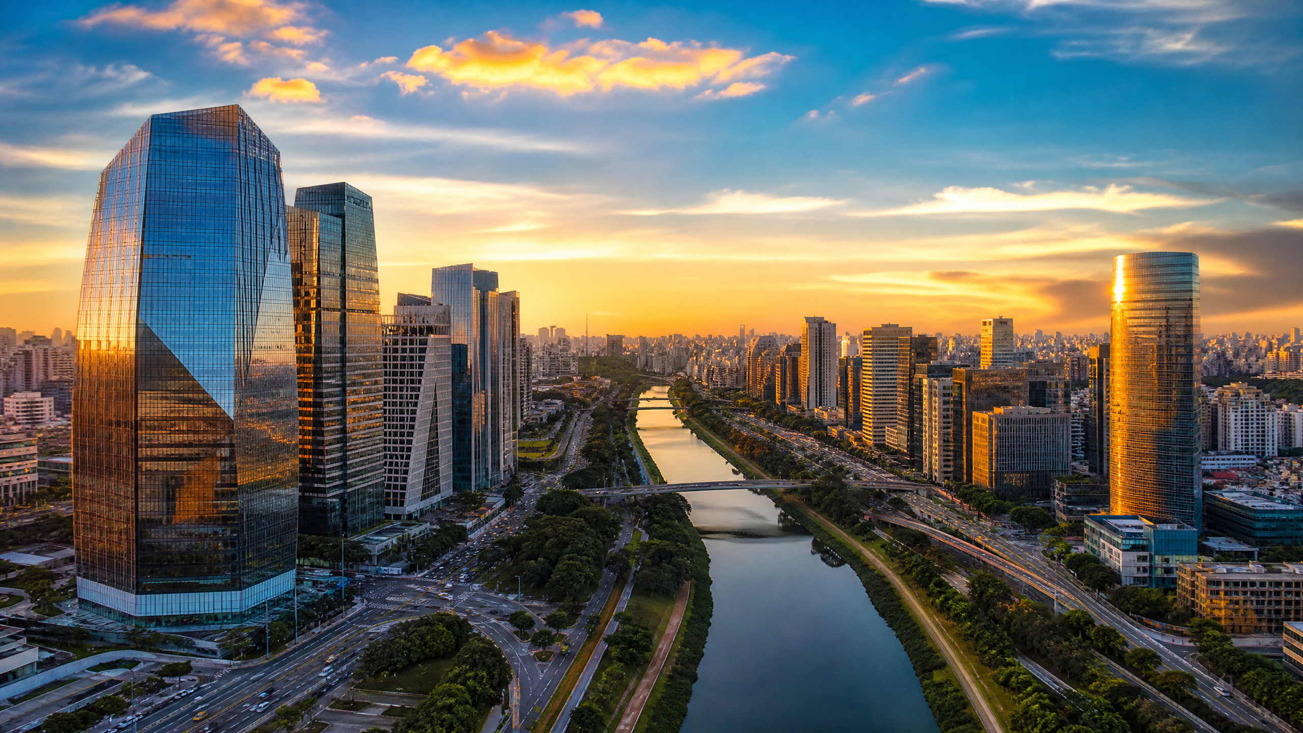 Skyline corporativo de São Paulo com destaque para os bairros Brooklin e Berrini, onde a Eight TI instala redes de Wi-Fi corporativas