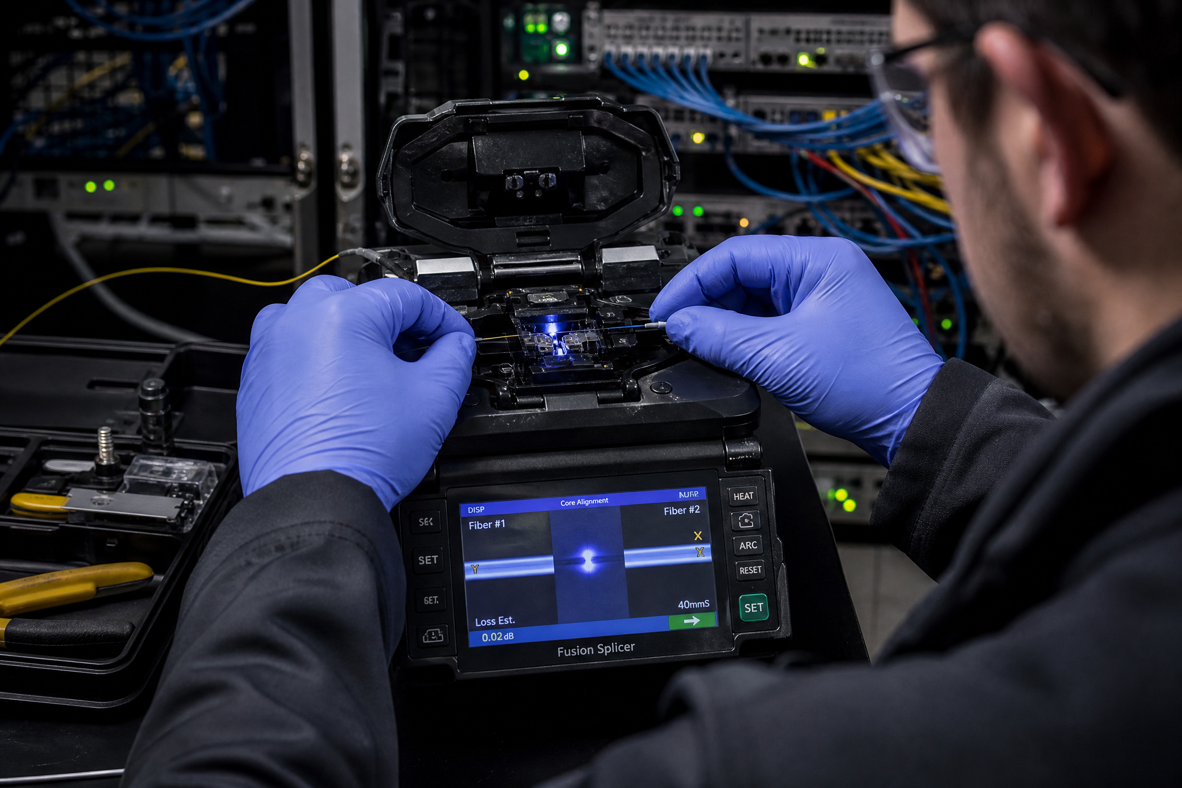 Técnico Eight TI realizando fusão de fibra óptica com máquina de alinhamento de núcleo em Data Center