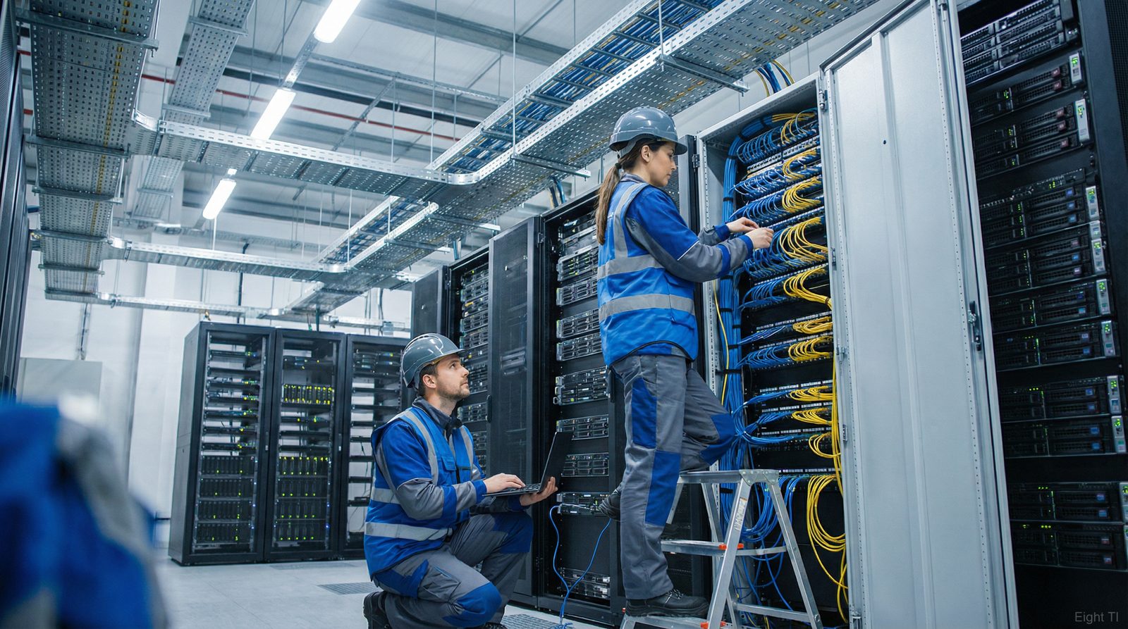 Equipe técnica da Eight TI instalando cabeamento estruturado em datacenter industrial