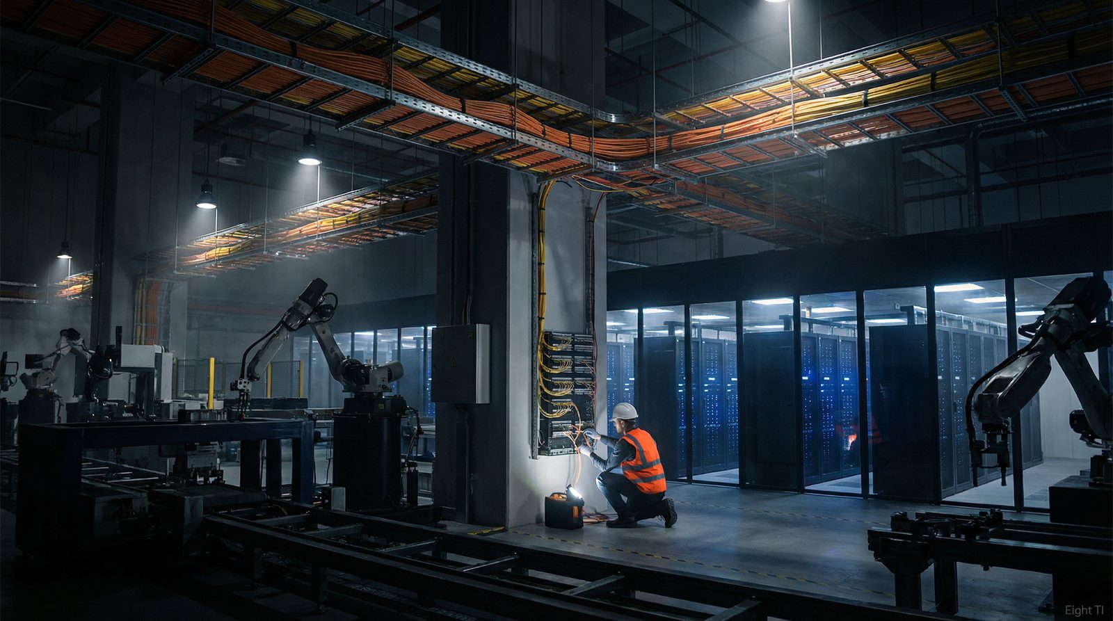 Cabeamento estruturado industrial em fábrica moderna com racks de servidores e técnico Eight TI