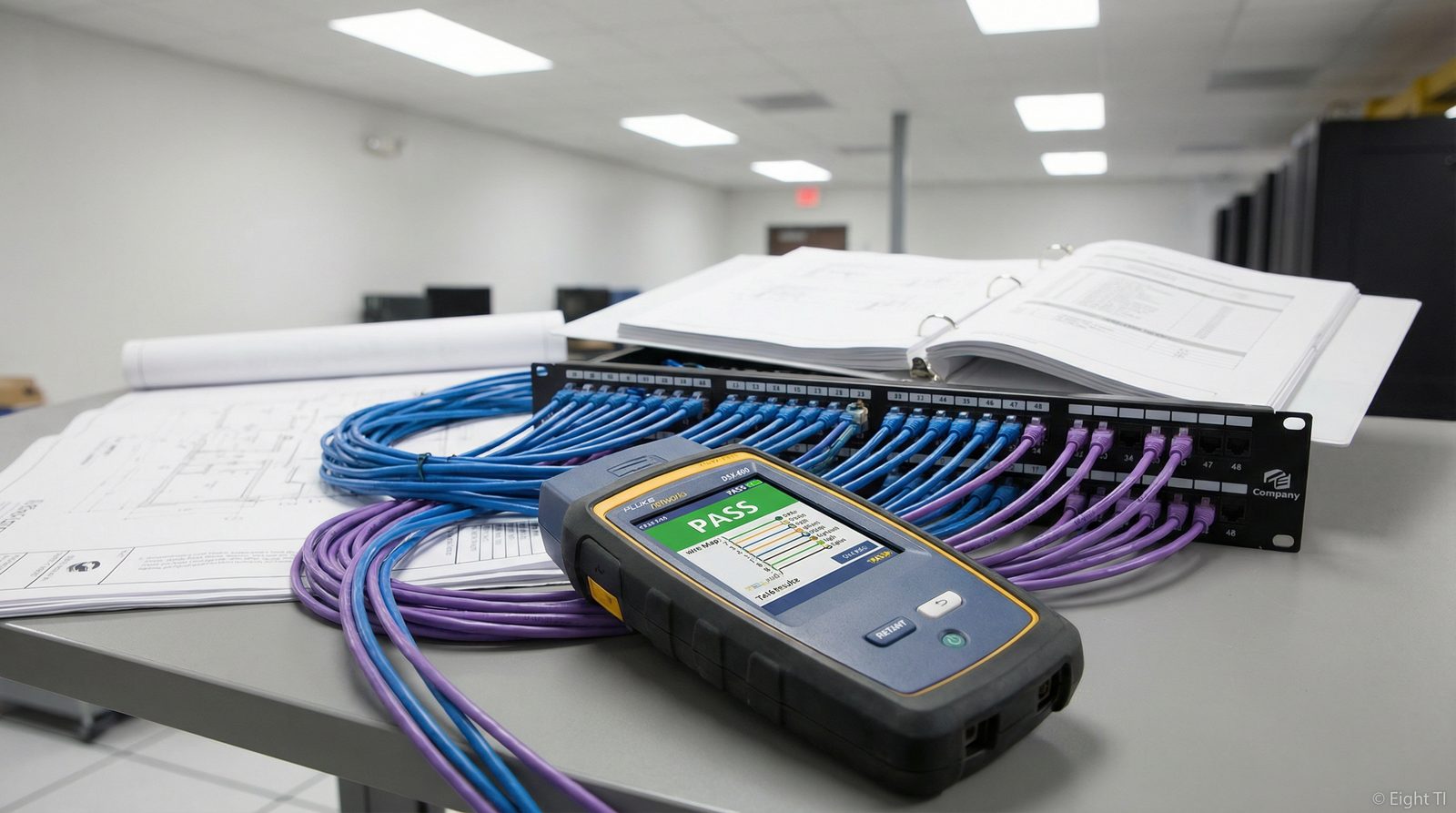 Certificação Fluke Networks com resultado PASS em projeto de cabeamento estruturado - Eight TI