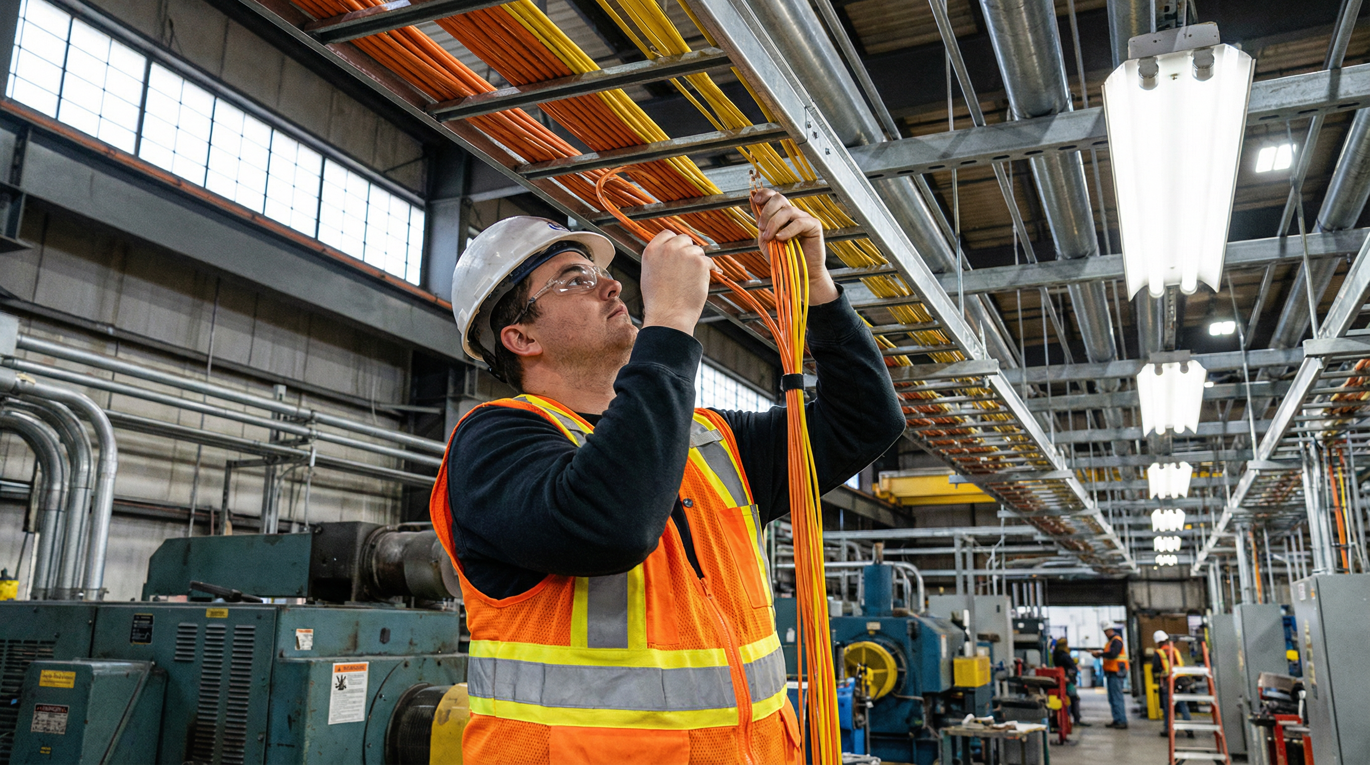 Técnico instalando cabos de fibra óptica em eletrocalha de fábrica industrial