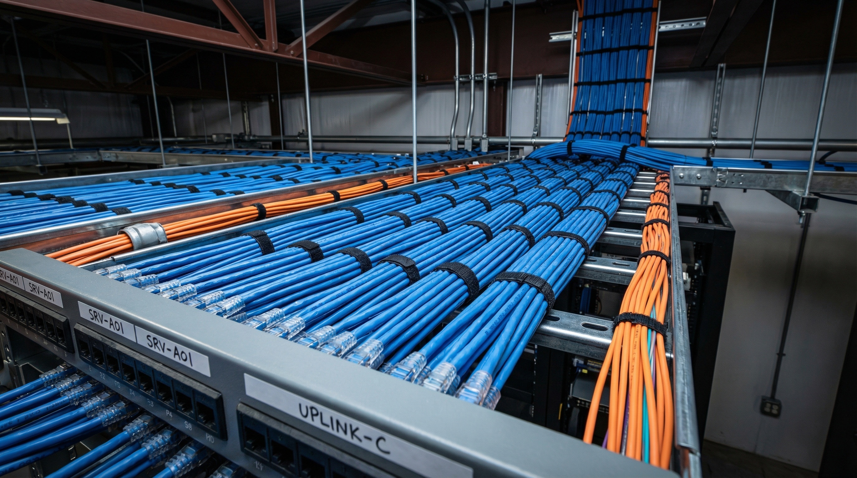Cabos Cat6A e fibra óptica organizados em eletrocalhas industriais com patch panels