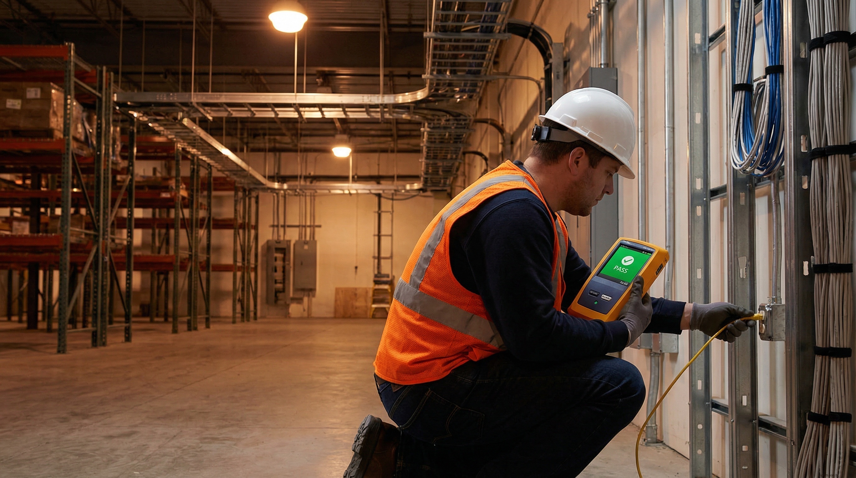 Técnico certificado realizando teste de certificação Fluke Networks em ponto de rede de galpão industrial
