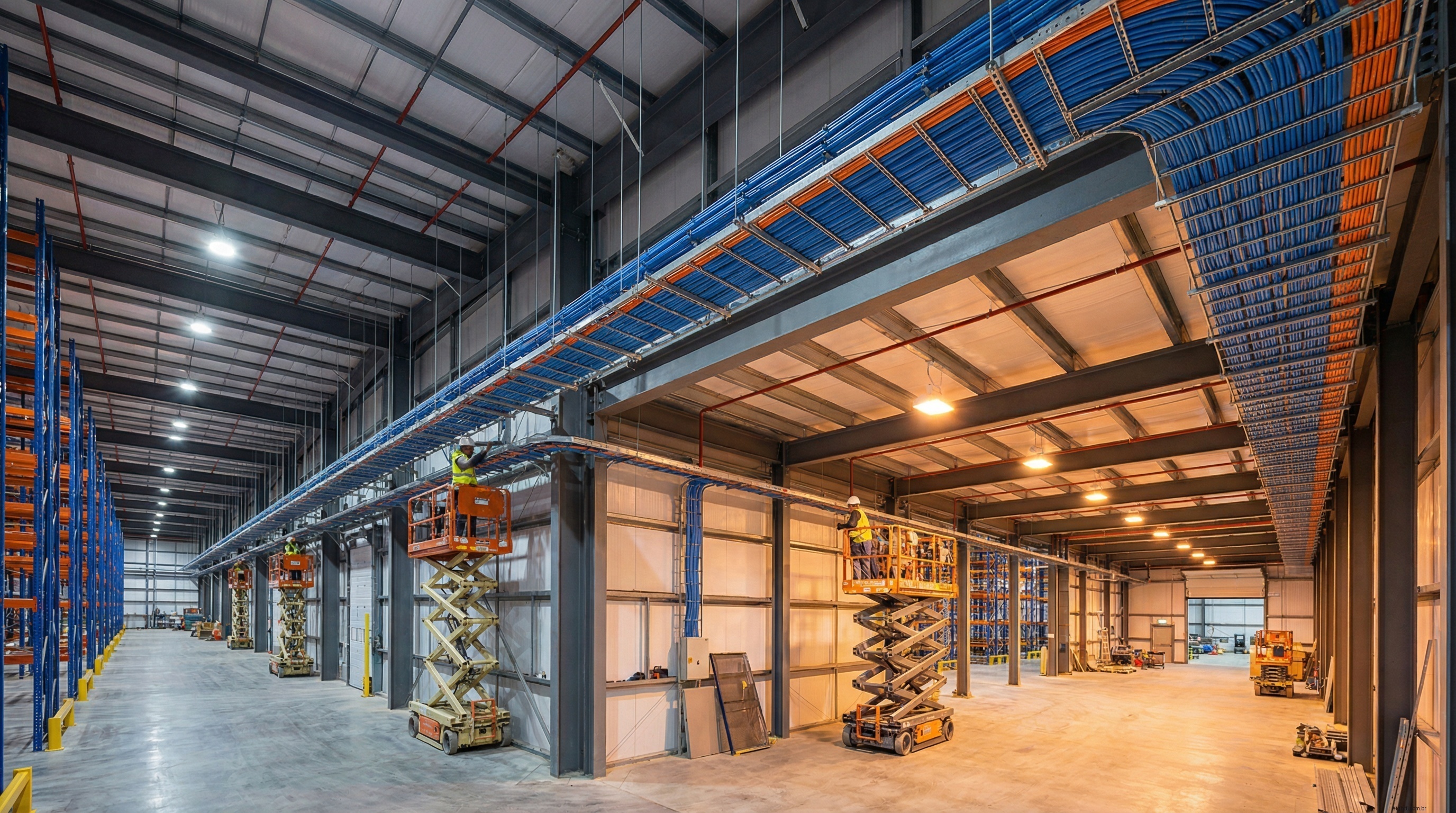 Instalação de cabeamento estruturado em galpão industrial com eletrocalhas e cabos organizados