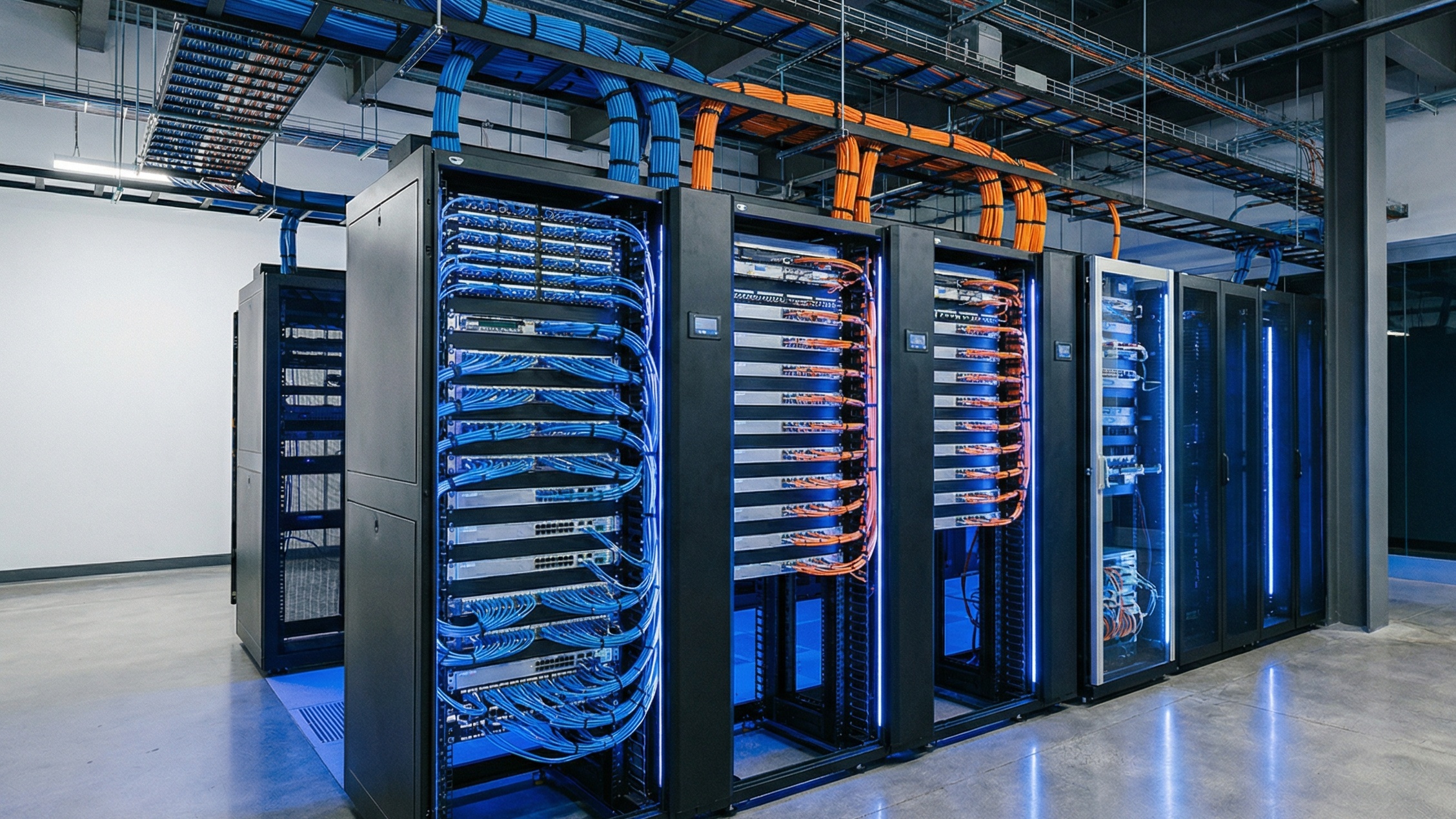 Sala de servidores e racks de rede em ambiente industrial com cabeamento organizado