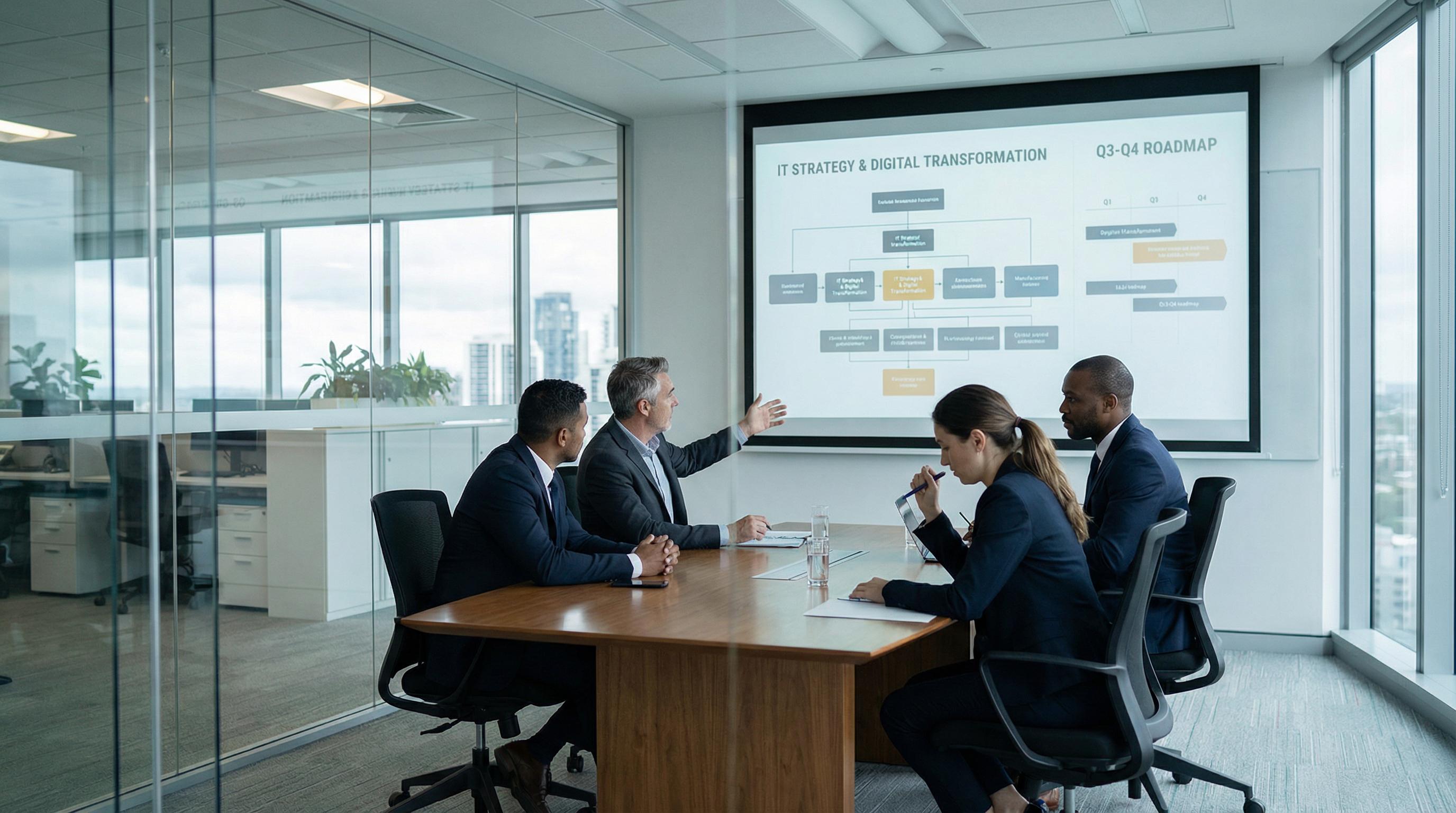 Reunião estratégica de TI em sala de conferência moderna