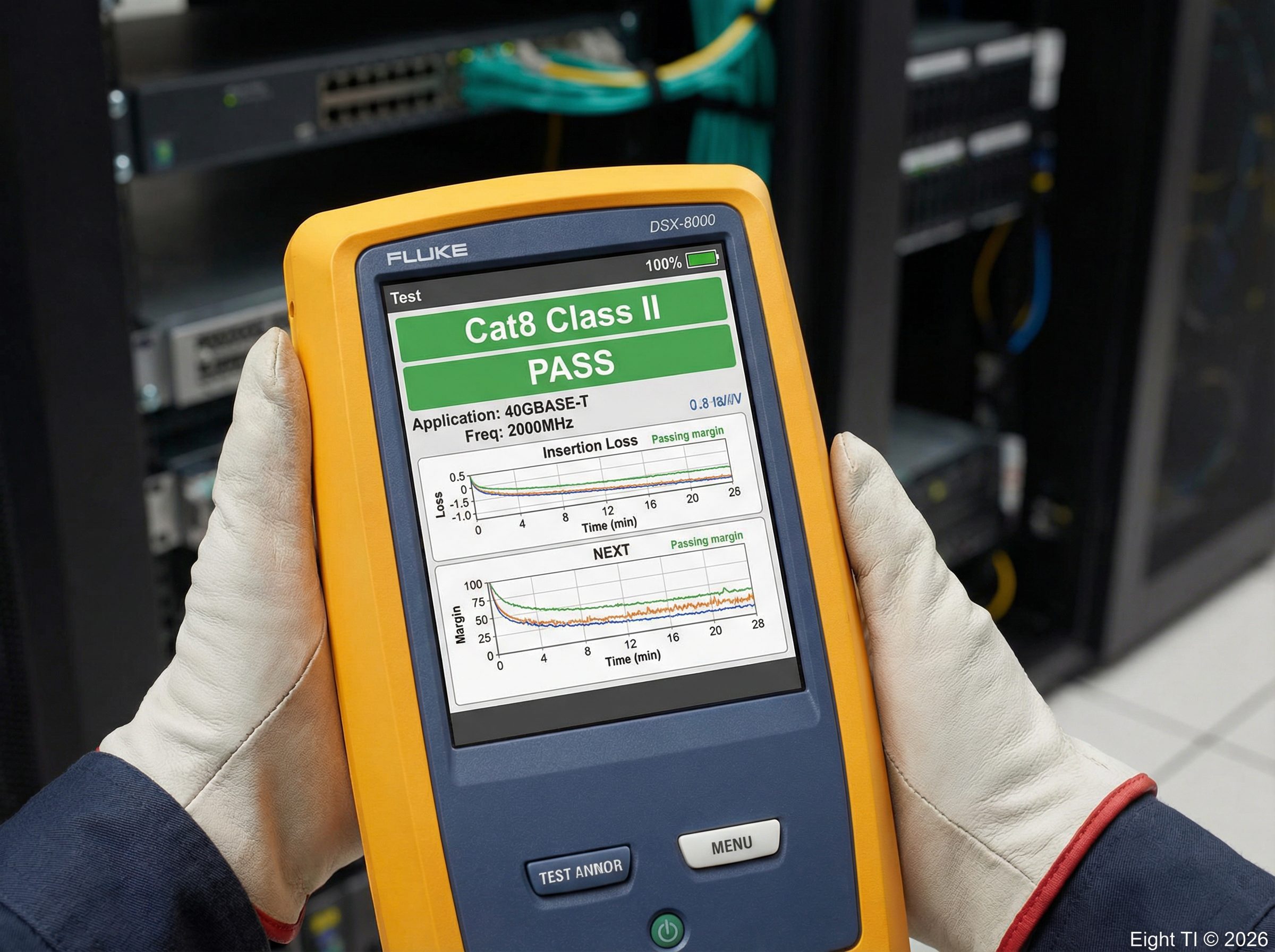 Fluke DSX-8000 mostrando resultado PASS Cat8 Class II 40GBASE-T — Eight TI © 2026