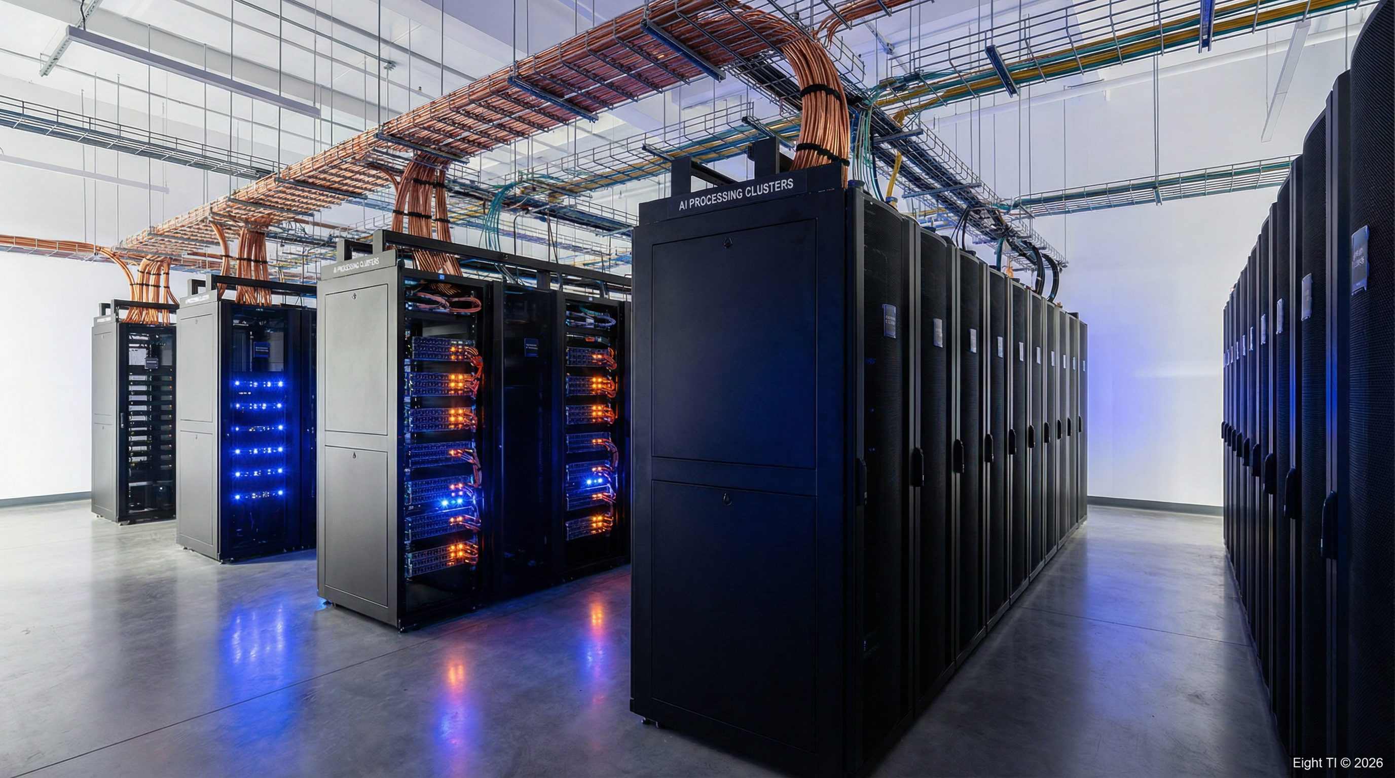 Data center de alta densidade com infraestrutura Cat8 para clusters de IA — Eight TI © 2026
