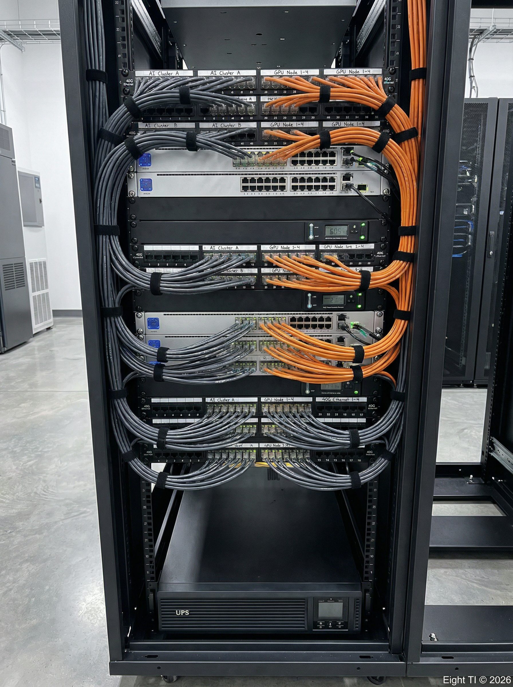 Rack de TI organizado com Cat8 para clusters de IA — Eight TI © 2026