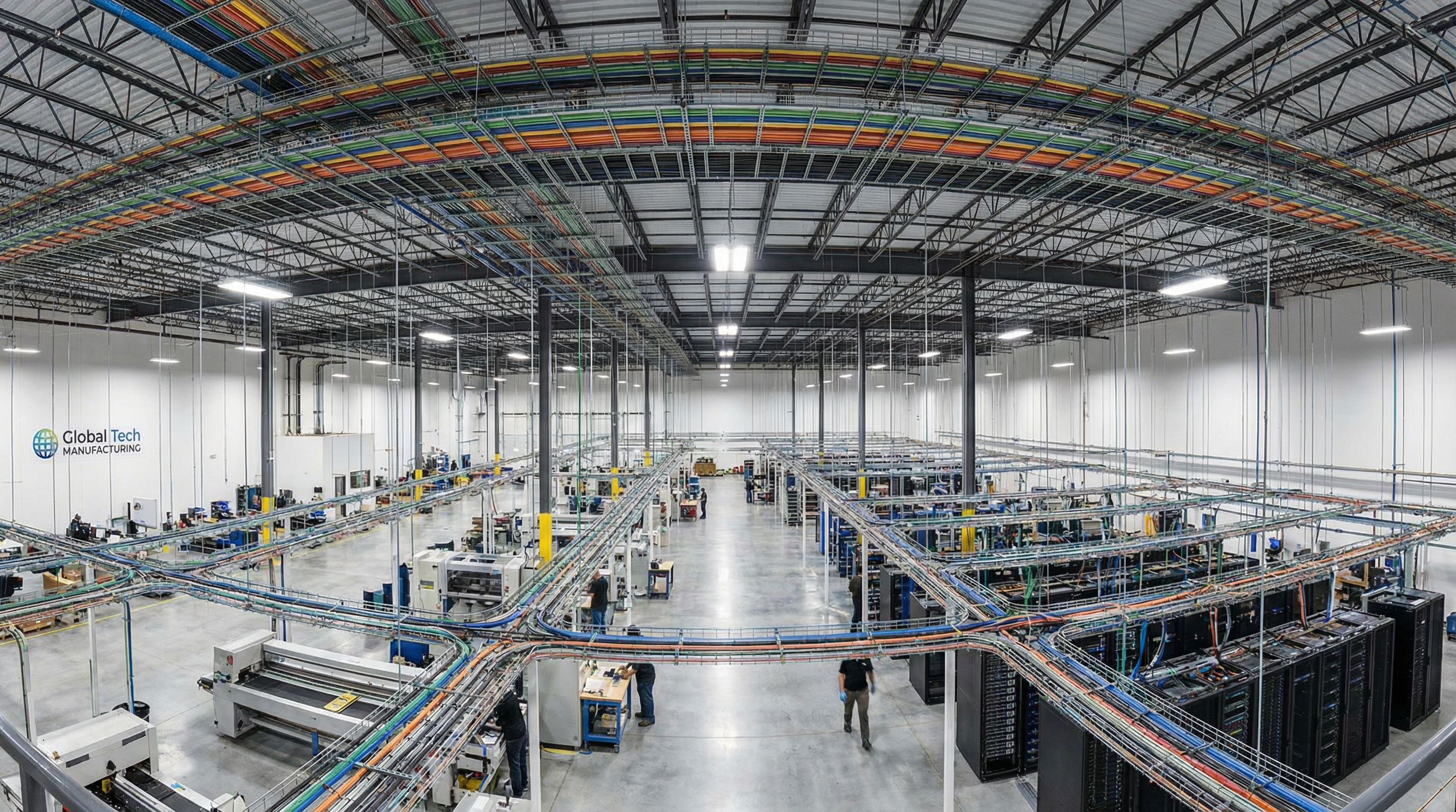 Vista aérea de galpão industrial com infraestrutura de TI e cabeamento estruturado no teto