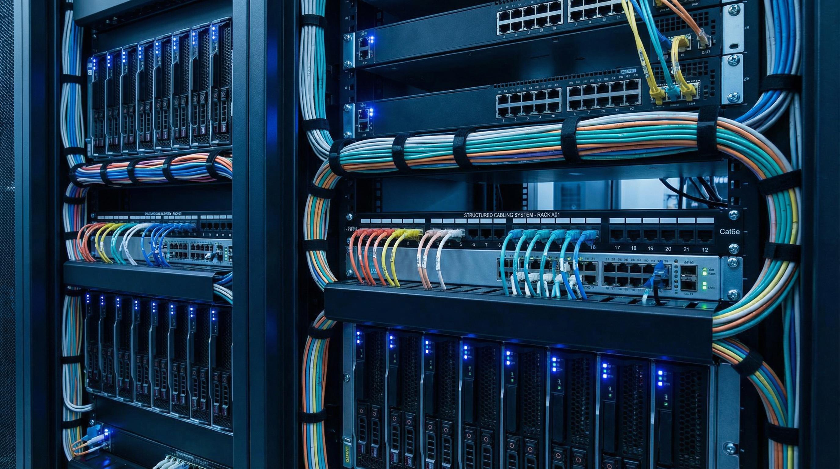 Rack de servidores e cabeamento estruturado organizado com luzes LED azuis