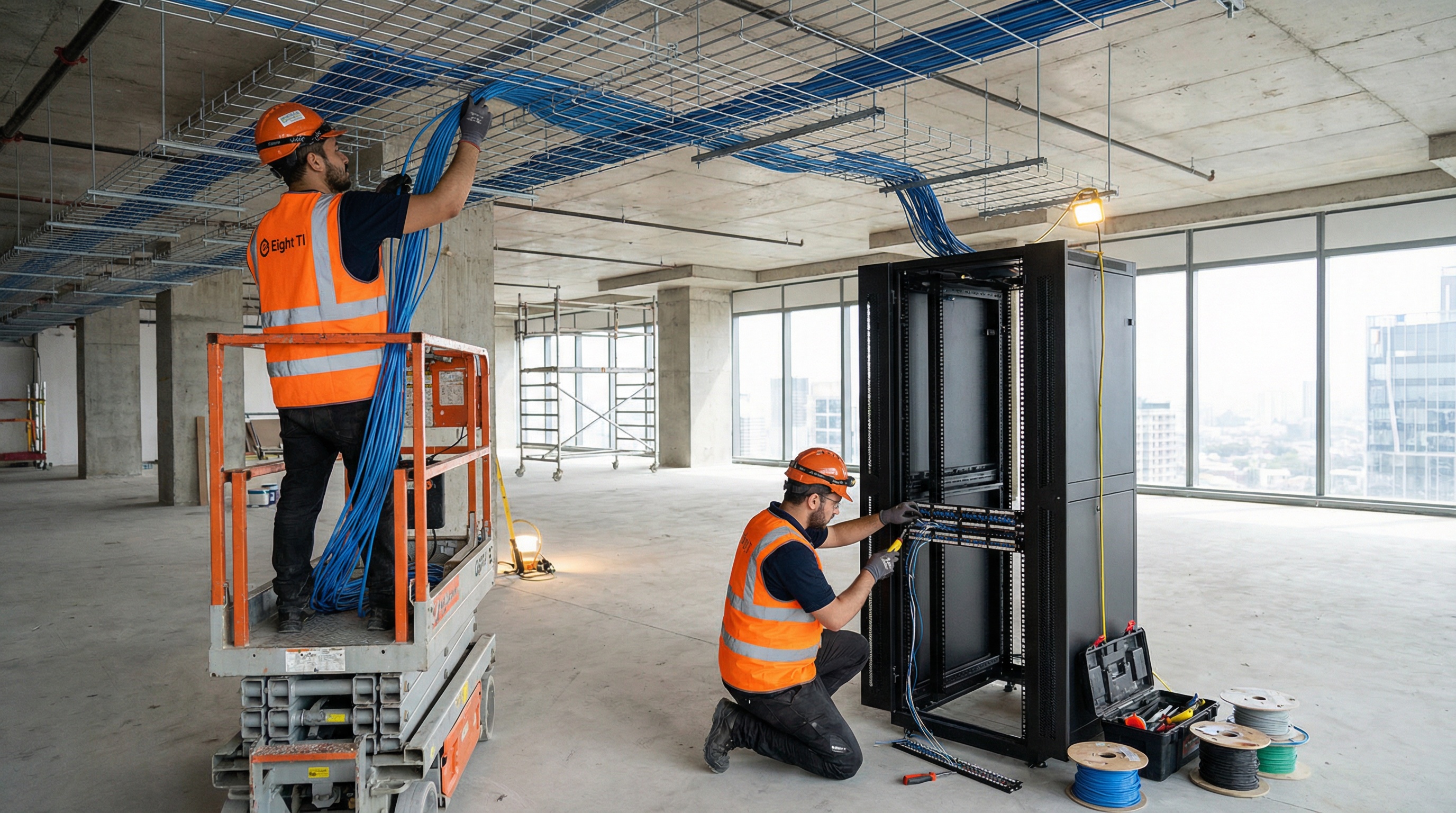 Técnicos da Eight TI instalando cabeamento estruturado em obra na Grande São Paulo