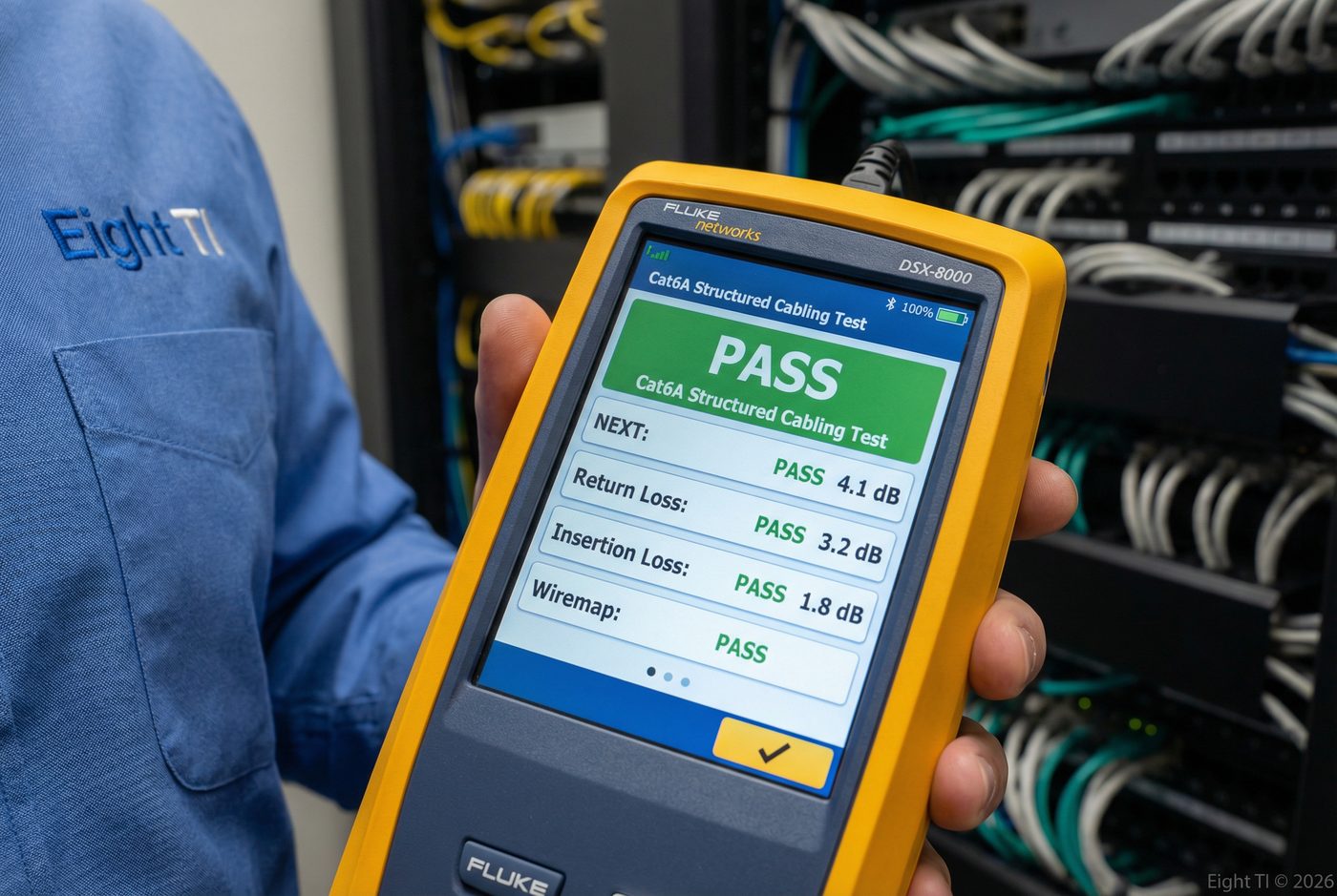 Certificação Fluke Networks DSX-8000 Cat6A PASS — Eight TI