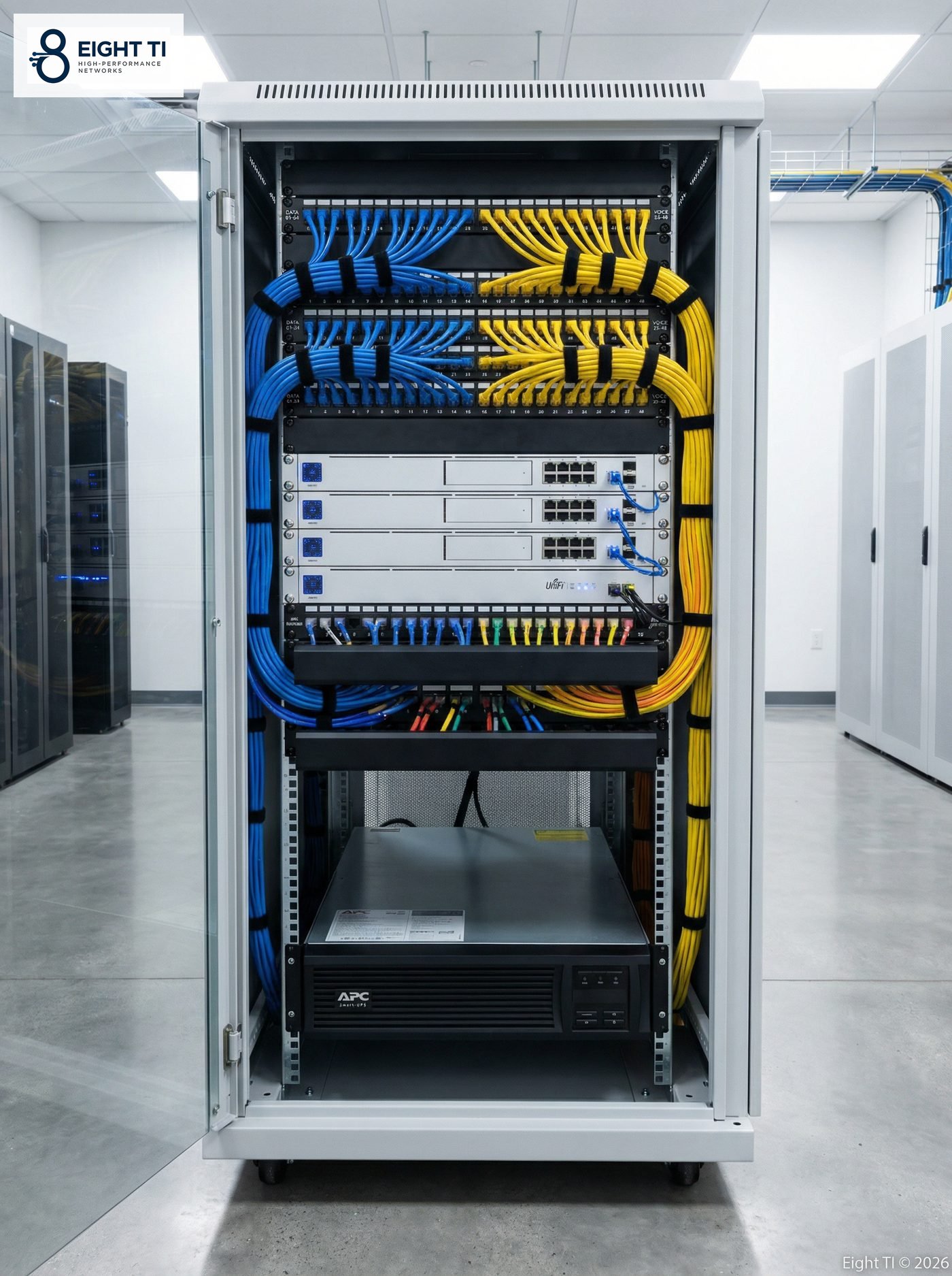 Rack de TI organizado com patch panel Cat6A e switches Ubiquiti — Eight TI