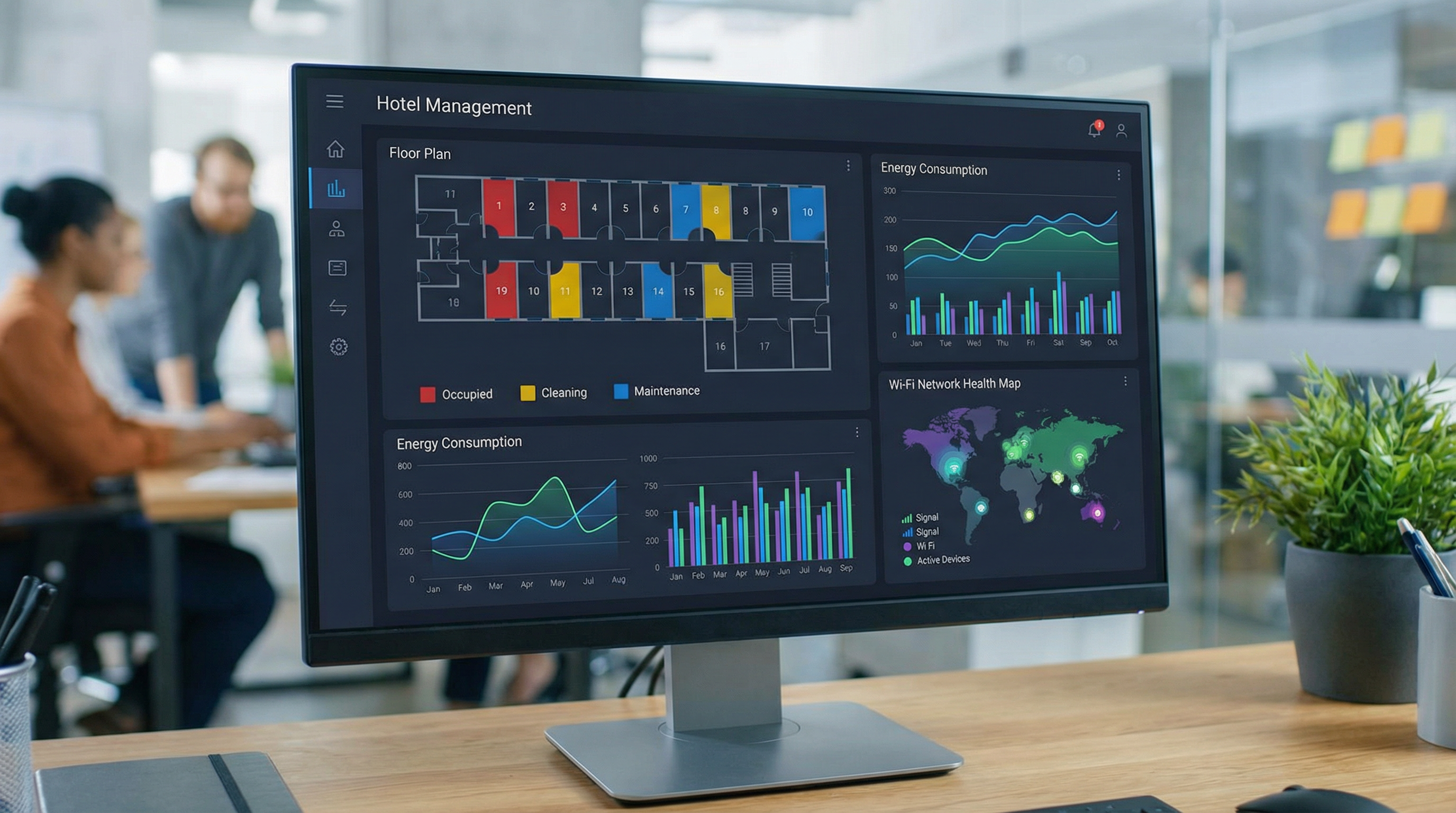 Painel de gestão hoteleira mostrando status de automação, ocupação e consumo energético