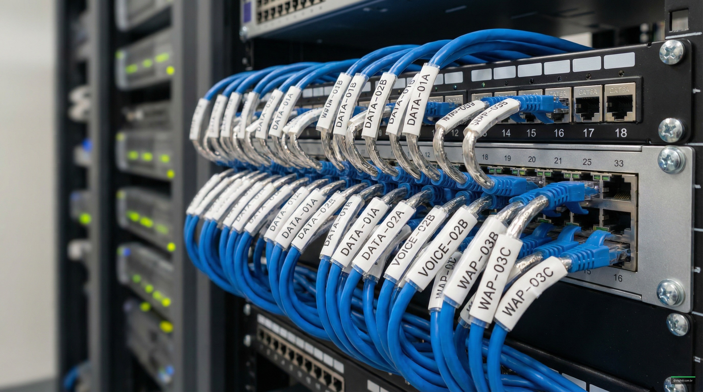 Patch panel organizado com identificação clara, seguindo as melhores práticas