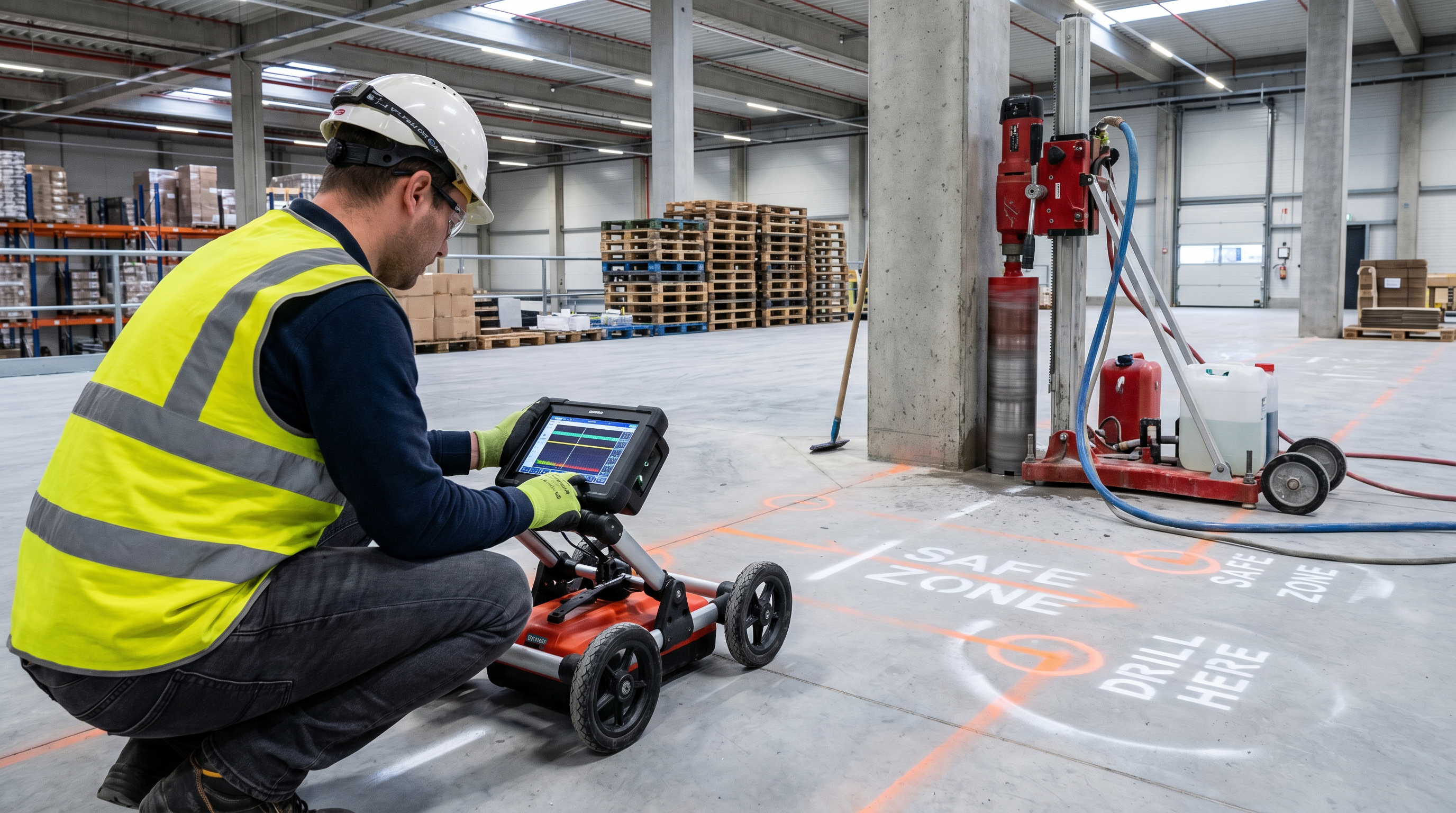 Técnico especializado utilizando equipamento de Georadar (GPR) e Pacômetro para mapear laje protendida antes da perfuração diamantada em mezanino de galpão logístico - Direitos Autorais Eight TI