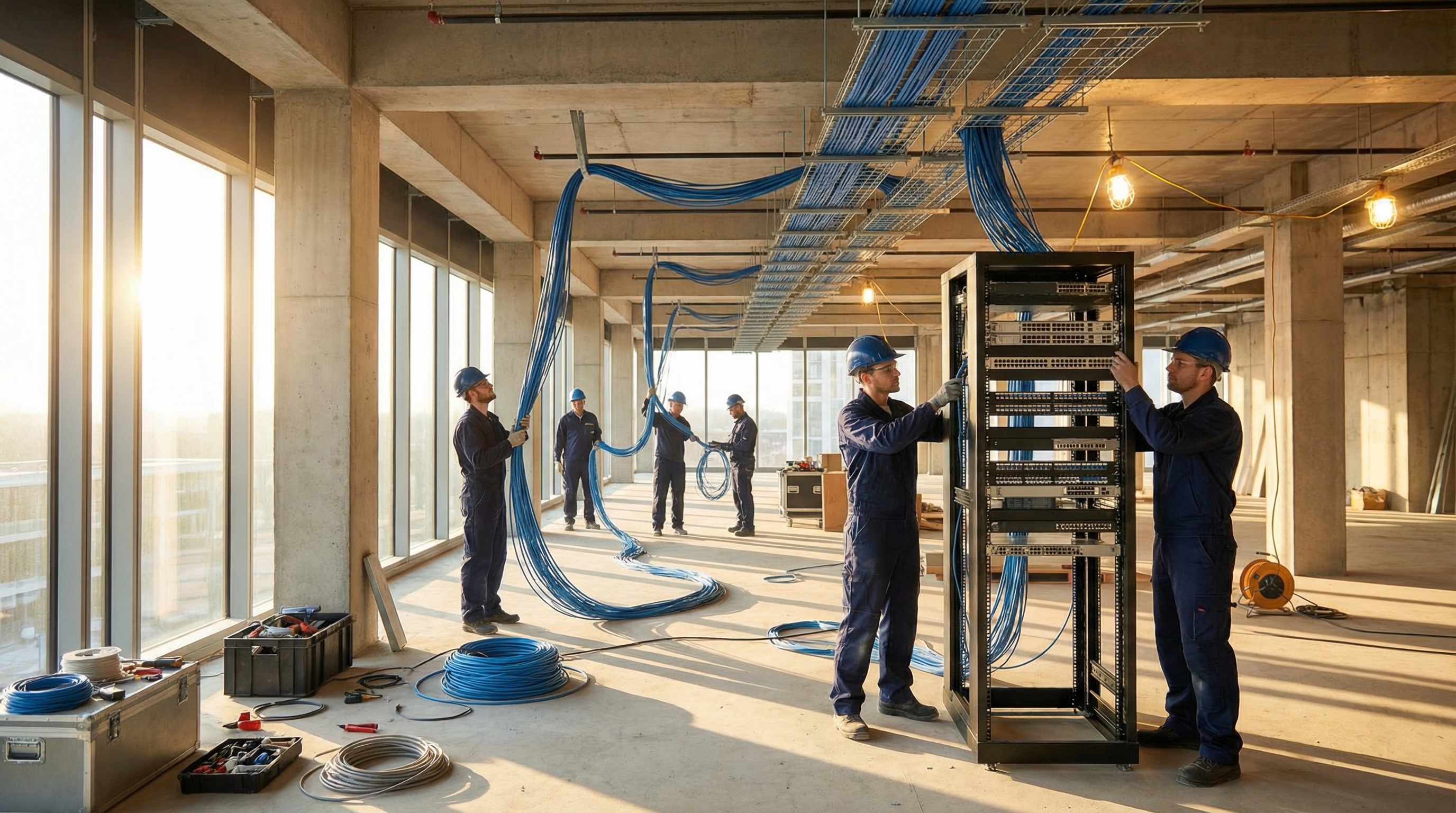 Equipe da Eight TI em uma obra, realizando a instalação de um projeto de TI de ponta a ponta.