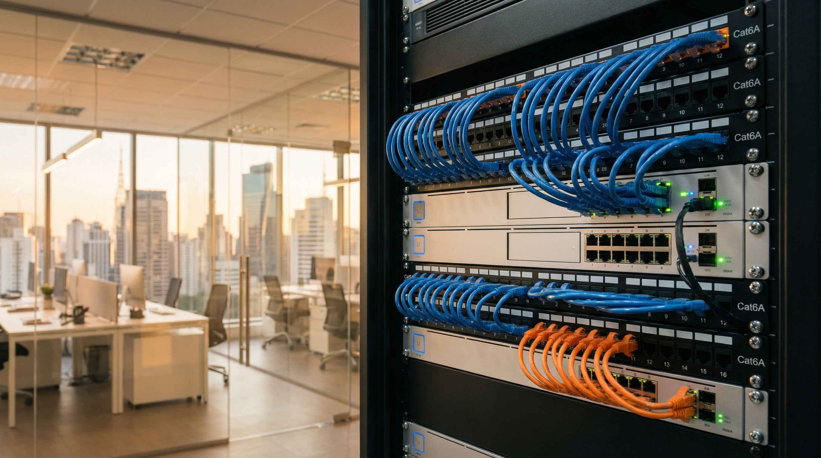 Infraestrutura de rede de computadores em um escritório moderno em São Paulo, com rack de servidores organizado.