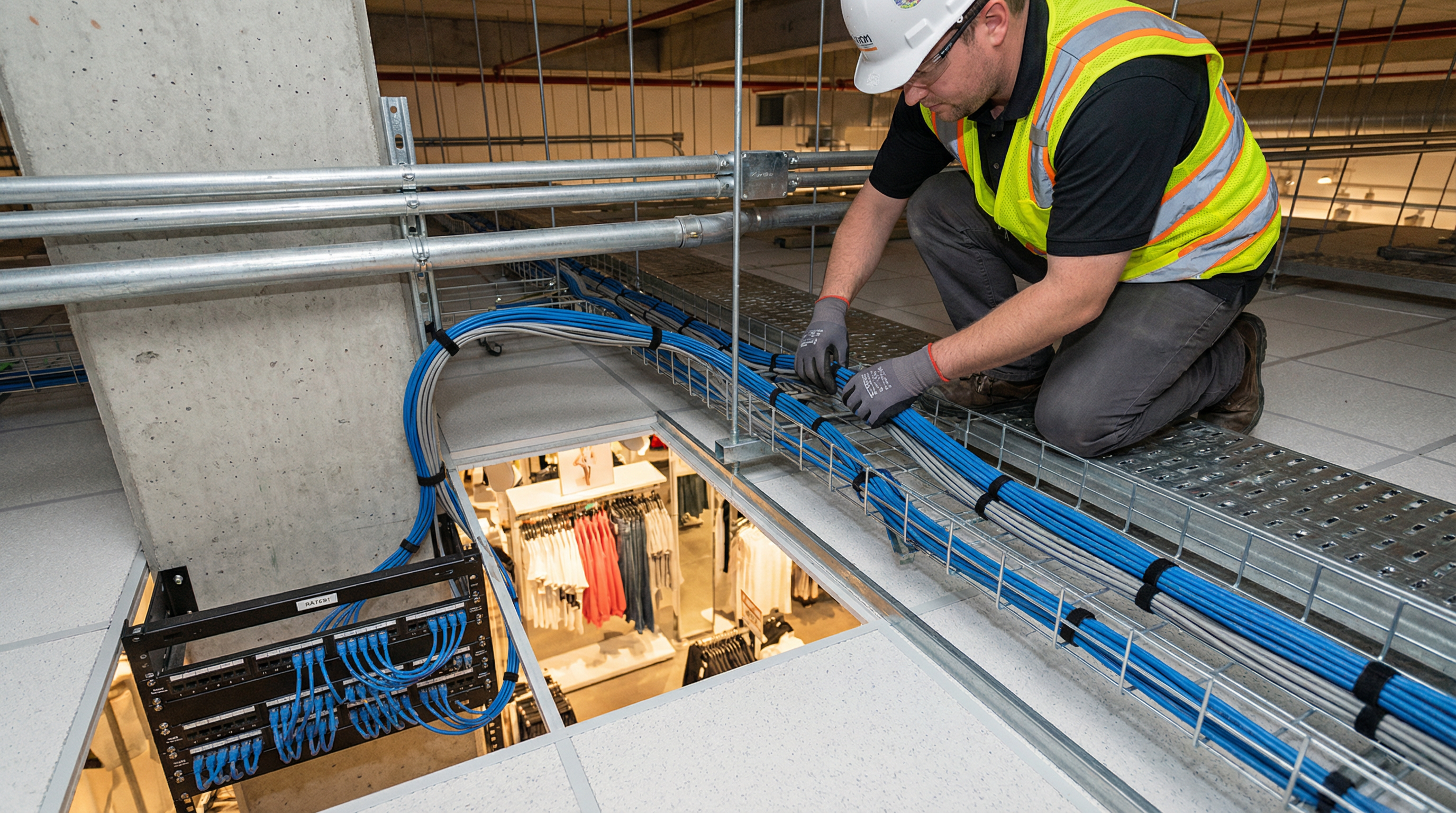 Técnico com equipamento de segurança instalando cabos Cat6A em eletrocalhas acima do forro de loja em shopping center de São Paulo