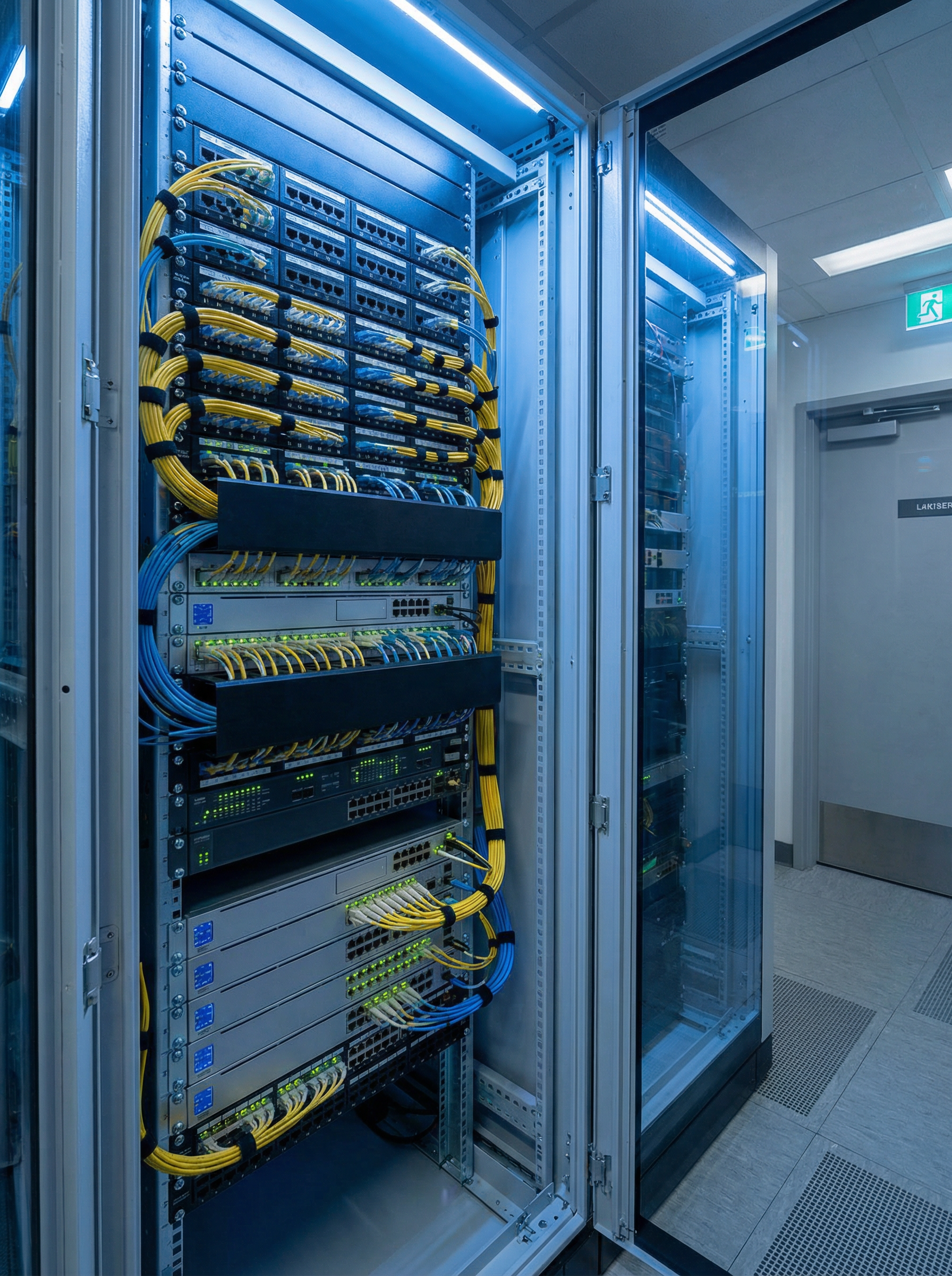 Sala de telecomunicações de shopping center em São Paulo com rack 42U organizado, patch panels, switches com LEDs verdes, cabos de fibra óptica amarelos e azuis