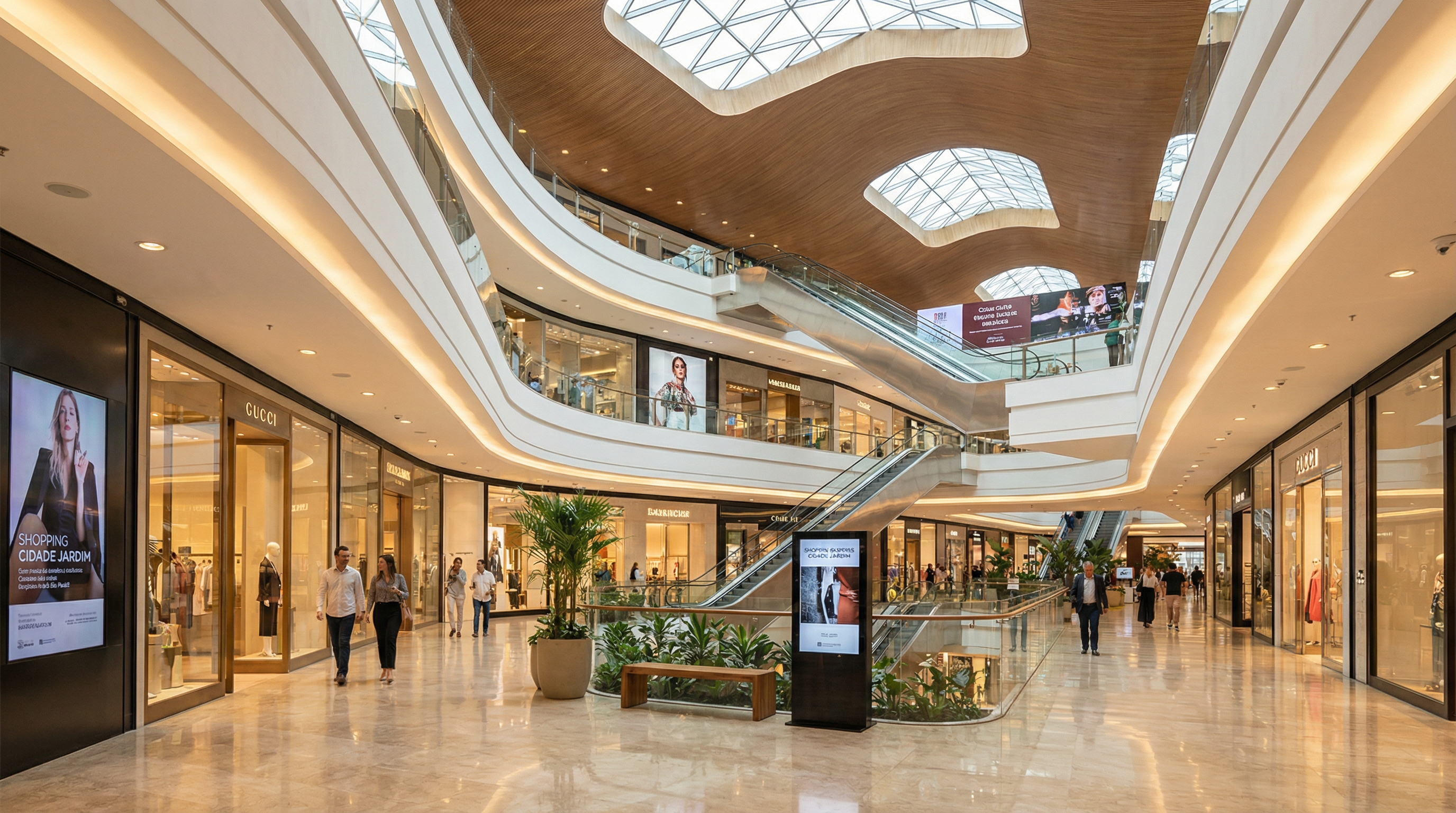 Interior moderno de shopping center em São Paulo com múltiplos andares, escadas rolantes e lojas de alto padrão — ambiente que exige infraestrutura de rede de alta performance