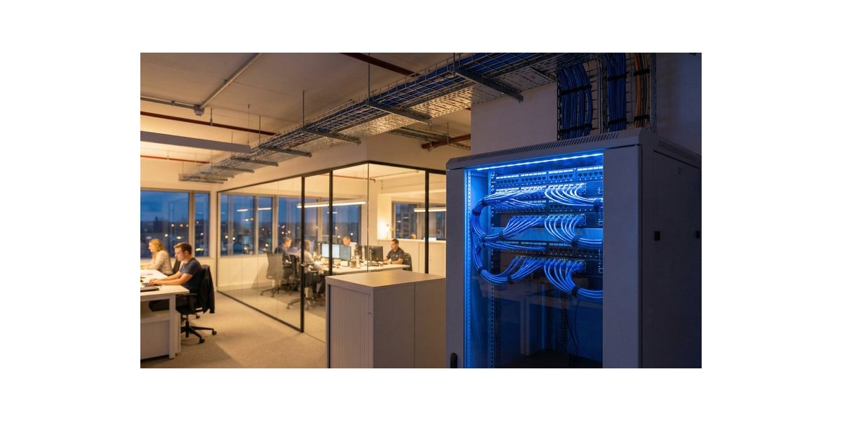Rack de rede organizado em escritório corporativo moderno com cabeamento estruturado