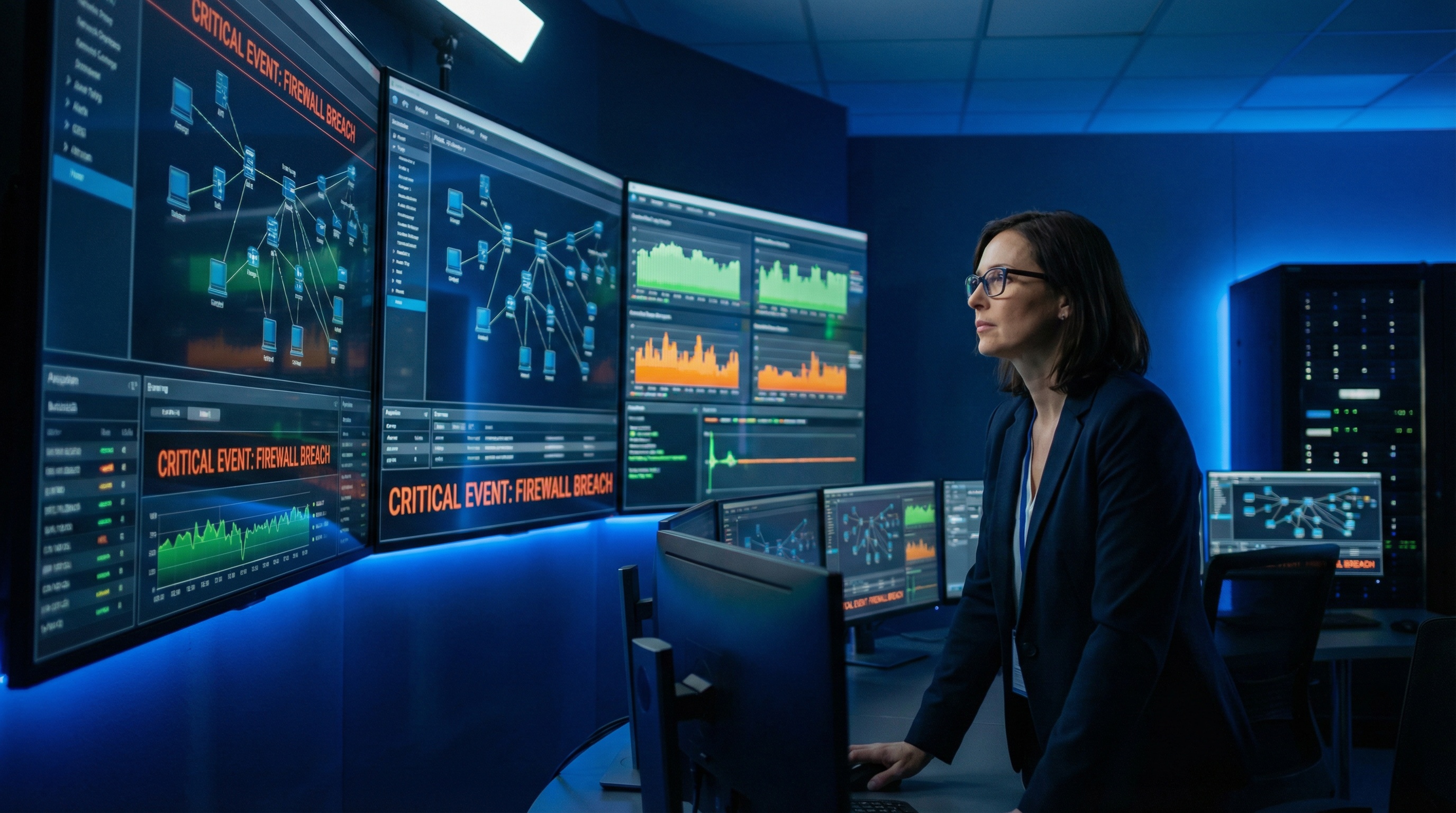 Profissional em um Centro de Operações de Rede (NOC) monitorando a performance e a segurança de redes de computadores.