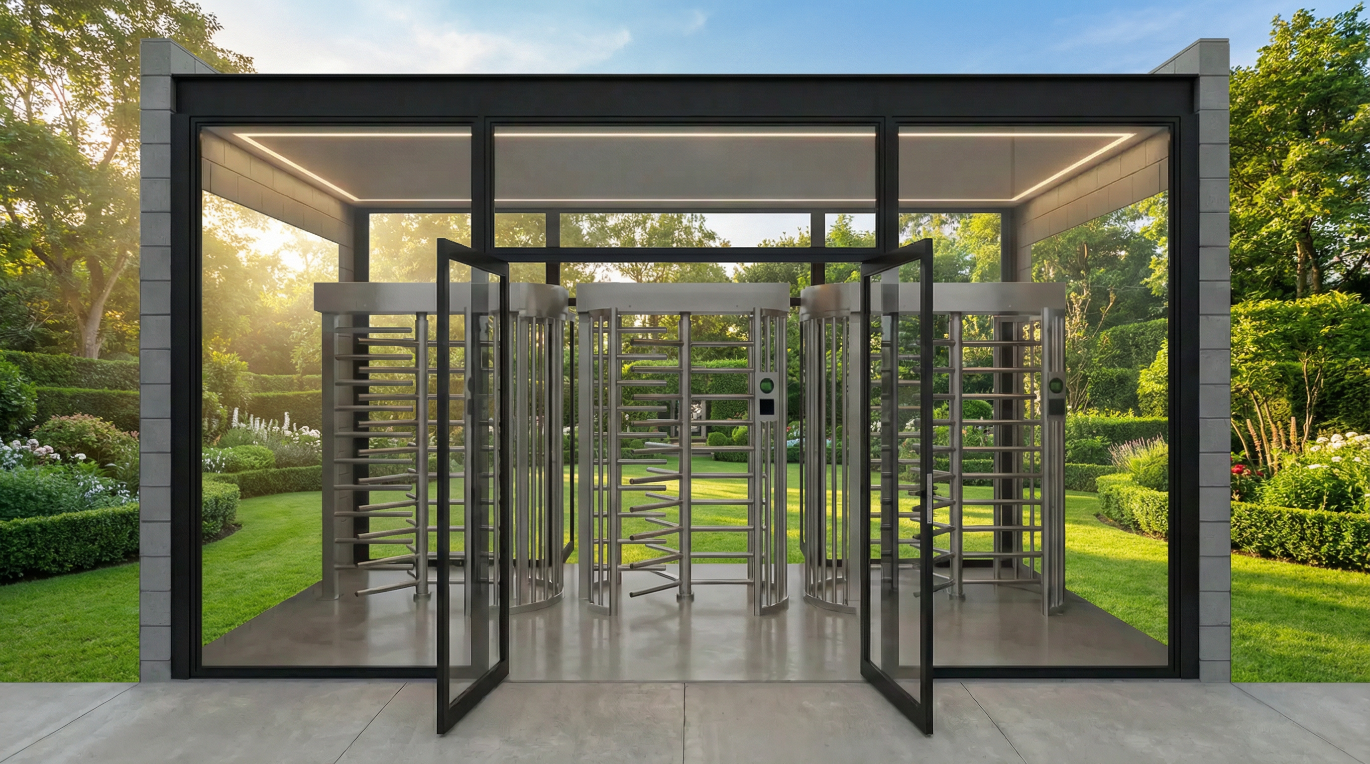 Estrutura de controle de acesso blindada com torniquetes Papaiz AA-TNIP1 integrados a ambiente paisagístico de alto padrão