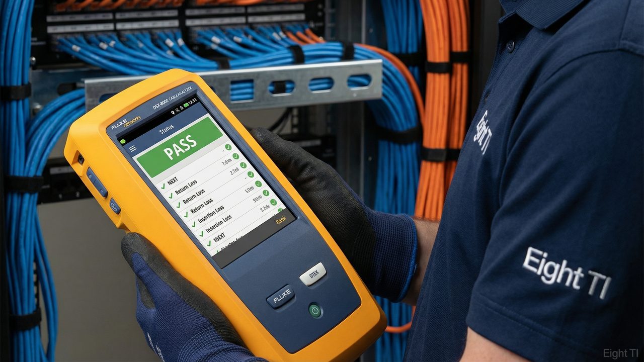 Fluke Networks DSX-8000 CableAnalyzer exibindo resultado PASS com parâmetros NEXT, Return Loss e Insertion Loss — Eight TI